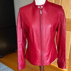 Anne Klein Genuine Red Leather Moto Jacket w/ Silver Accents Like New Condition